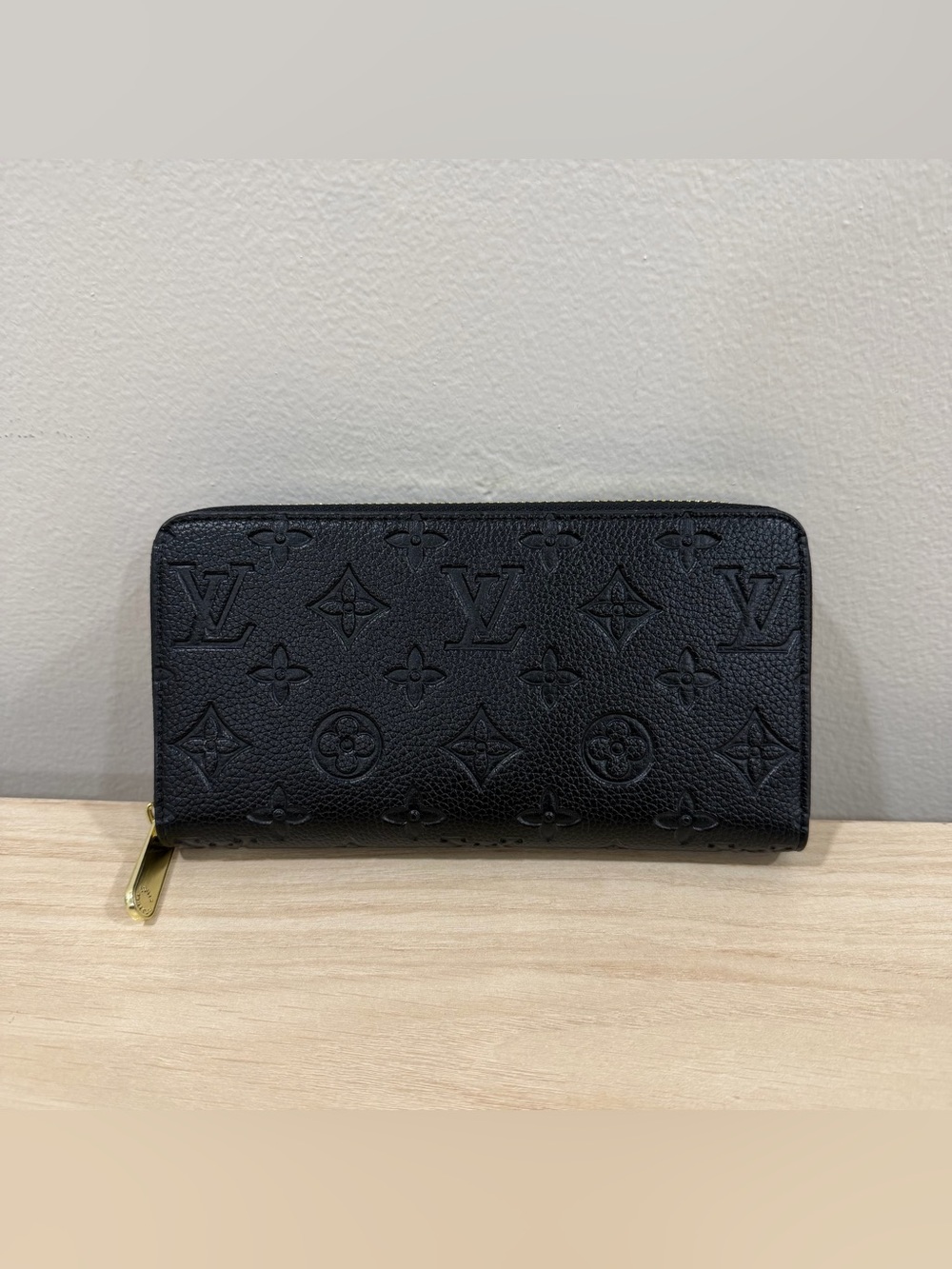 Louis Vuitton Black Monogram Embossed Zip-Around Wallet with Gold Hardware